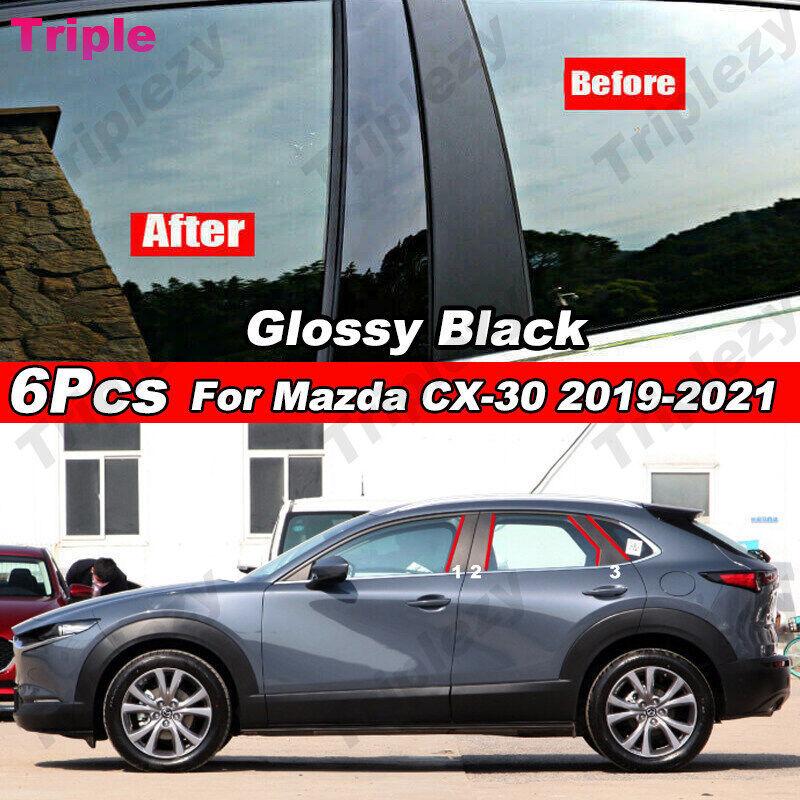 6Pcs Glossy Black/Carobn Fiber Car Door Window B C Pillar Post Sticker Trim Mirror Effect Film For Mazda CX-30 CX30 -