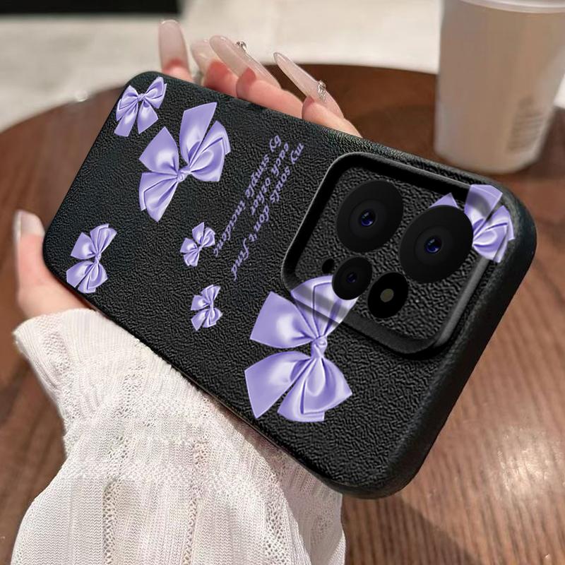 Purple Bowknot Print Leather Texture TPU Matte Case For Xiaomi 13T Poco X6 M6 Redmi Note 14 Pro 13 12 11 Lens Protection Soft Shockproof Phone Cover