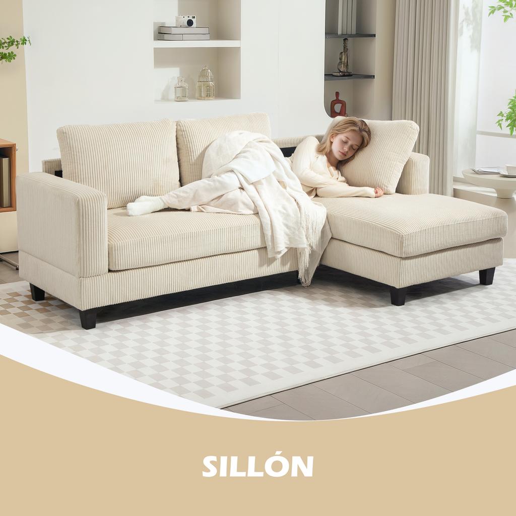 Chaise Longue Sofa 3-Seater L-Shaped Upholstered in Corduroy Padded Seat and Backrest 214x134x87 cm Beige