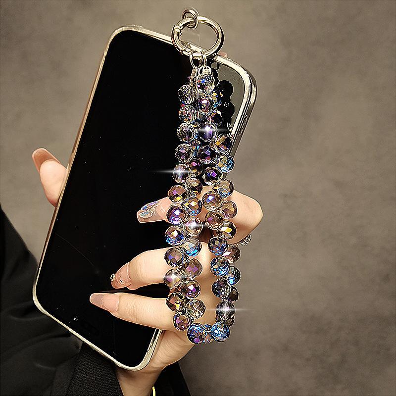 Internet Celebrity Senior Sense Colorful Crystal Water Drop Flash Mobile Phone Chain String Beads Bag Keychain Women's Short Lanyard