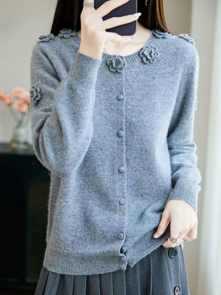 2025 Women's Hand-Crocheted Wool Sweater - Nine Roses Cardigan, Round Neck, Long-Sleeved Coat