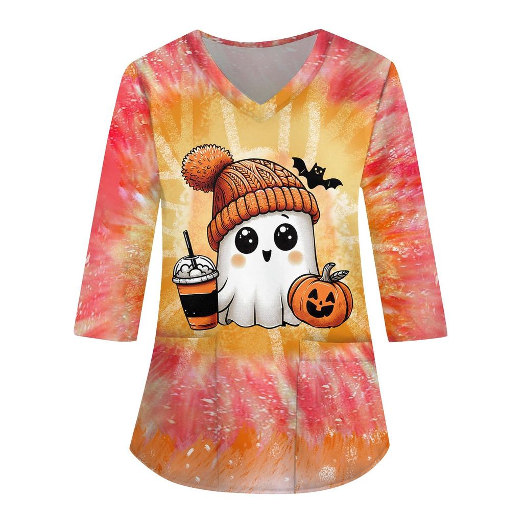 Women's Fashion Casual Halloween Print V-neck 3/4 Sleeve Uniform Overalls T-Shirt Top