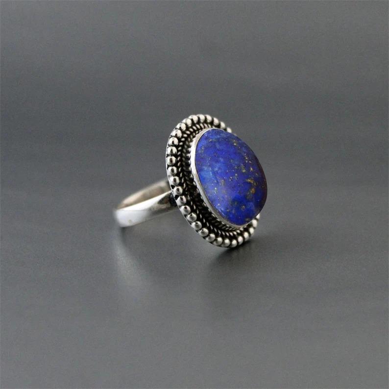 Oválný drahokam Lapis Lazuli Ručně vyrobený prsten, Prsten z masivního stříbra 925, Prsten s rodným kamenem, Boho prsten, Dárek pro ni, Designový prsten