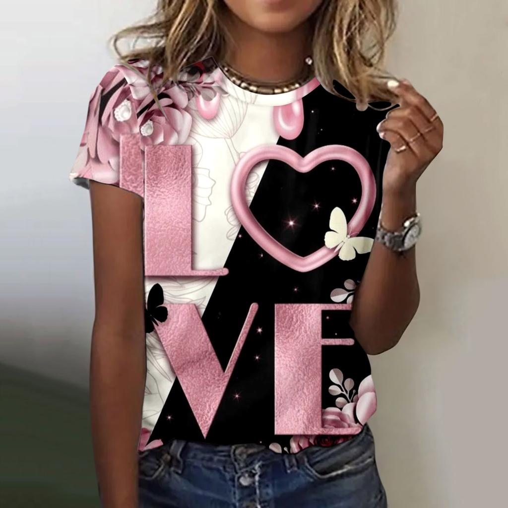 Damen T-Shirt Sommer O-Ausschnitt Top 3D Rot Valentinstag T-Shirt Modisches T-Shirt Vielseitig Große Größe Damen Kurzarm