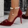 Fashion New Red Wedding Shoes Women Fashion Pointy Stiletto High Heels Sandals Shallow Bow Elegant Pearl One Word Buckle Bride Shoes