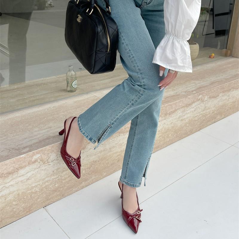 Burgundy high heels bag head sandals women's shoes spring new temperament pointed single shoes large size shoes 414243