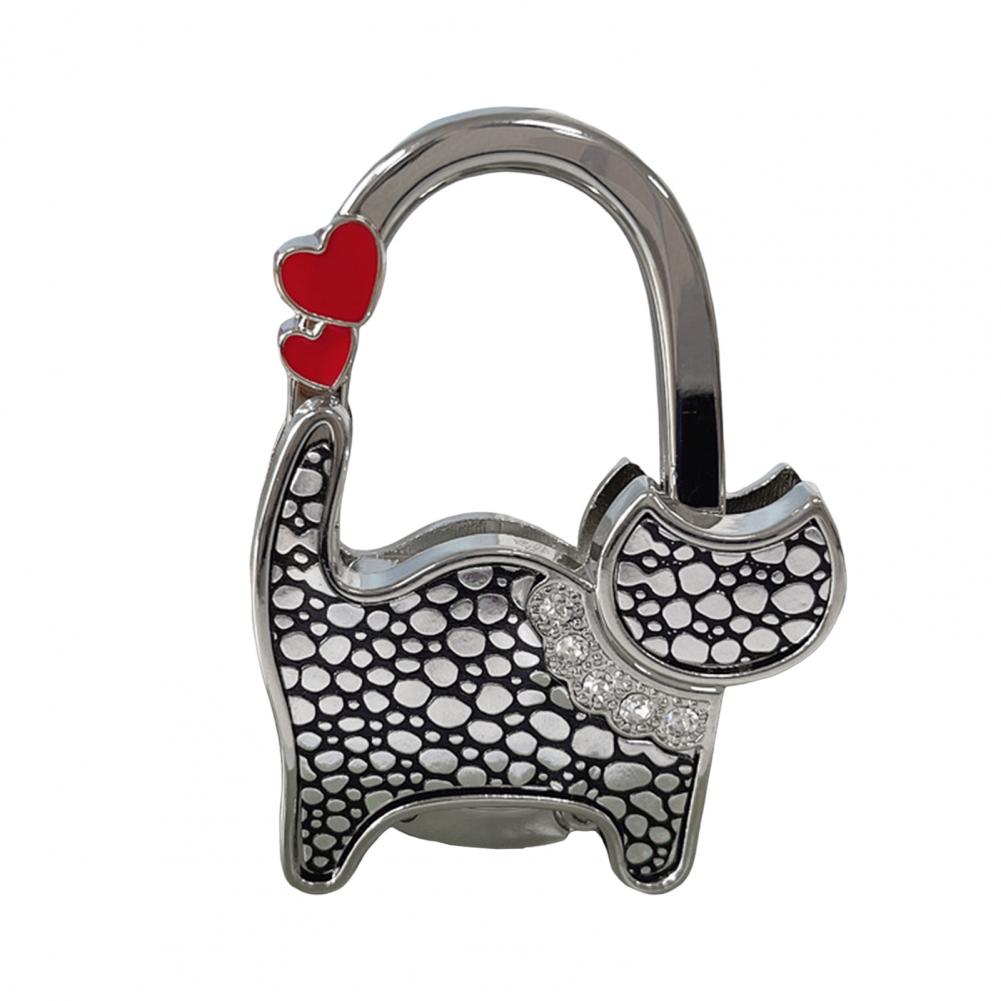 Cat-Shaped Bag Hook with Shiny Rhinestones Decor Non-Slip Base Foldable Desk Edge Handbag Hanger Keychain
