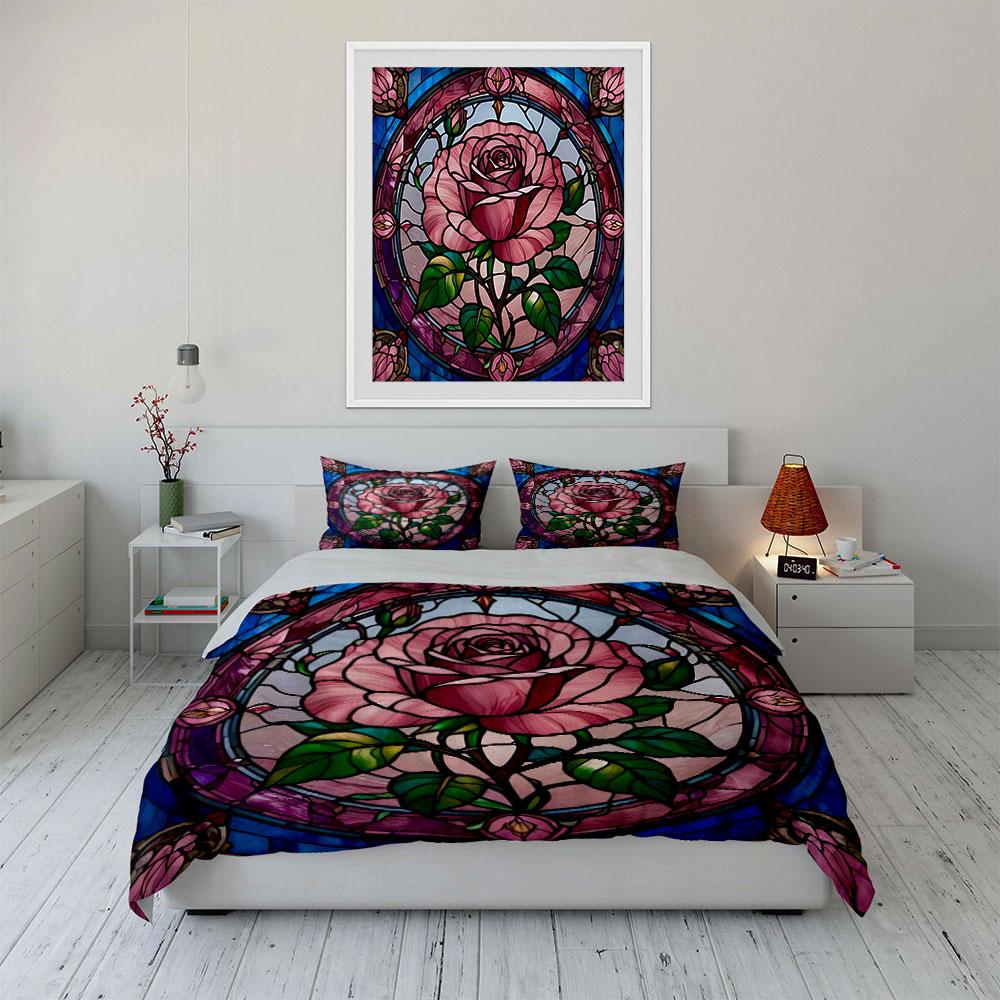 "Stained Glass Rose Decorative Set" Bedding Set with 1 Duvet Cover 2 Pillowcases Single Double King Queen, Gift