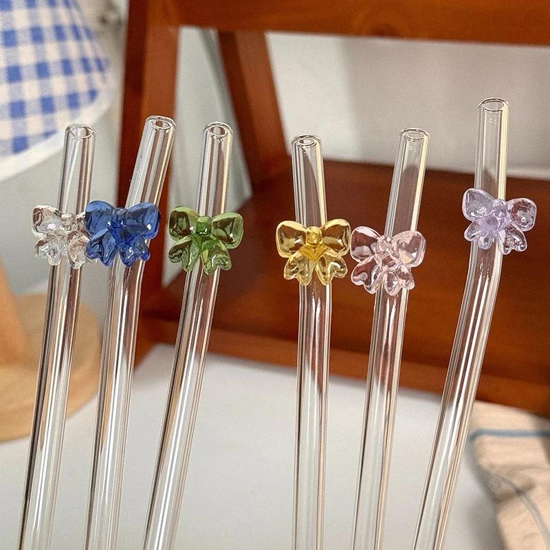 19cm 8mm Glass Straw Cute Bowtie Reusable Heat-Resistant Straw Cocktail Juice Drinking Smoothie Straw For Festival Wedding Party