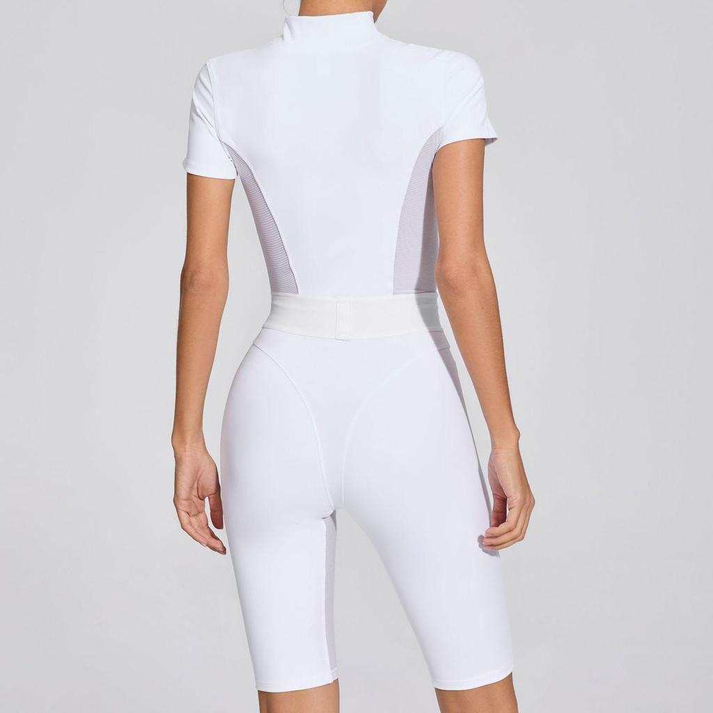 Women's Waist-Hugging Open-Neck Short-Sleeve Mesh Patchwork Yoga Jumpsuit - Fitness Sportswear