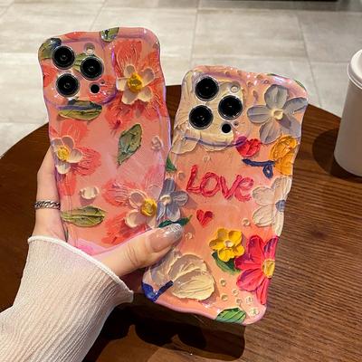 Capa de celular com pintura a óleo e flores para iPhone 11 15promax para iPhone 15 Pro Max 12 13 14 Pro Max Soft IMD à prova de choque e proteção ondulada