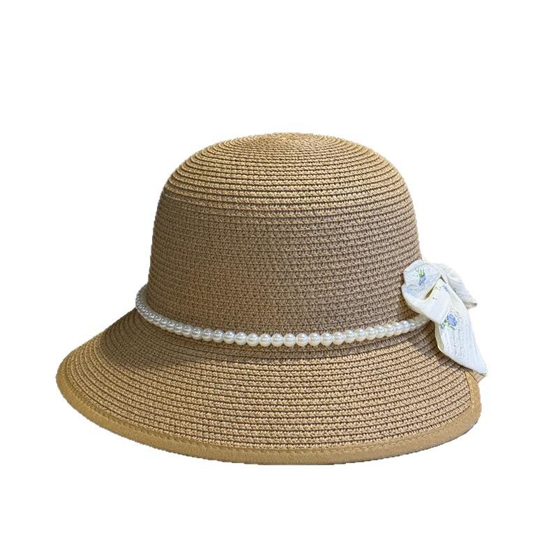 Retro French Elegant Pearl Dome Straw Hat Women's Summer Travel Fashion Versatile Basin Hat Big Brim Sun Protection Bucket Hat
