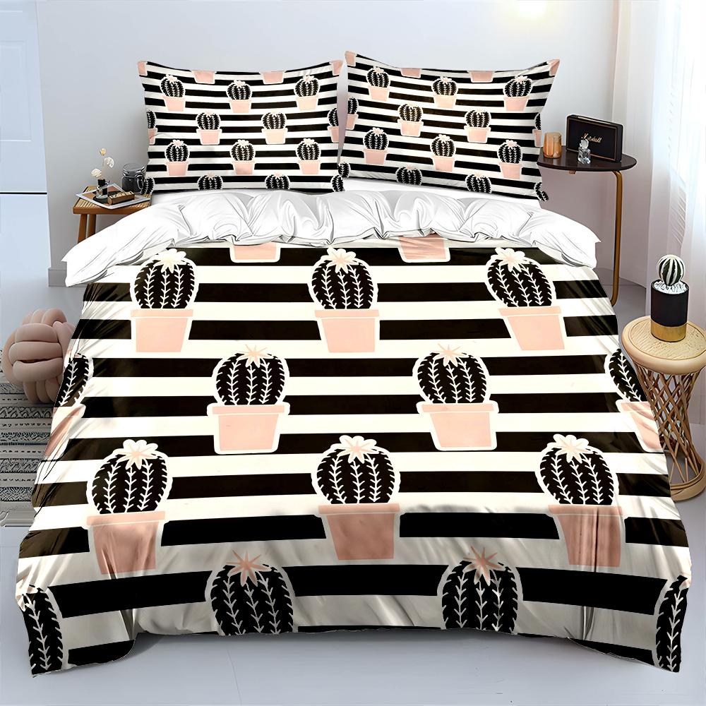 Pink Potted Cactus Pattern Print Soft Comfortable Duvet Cover Bedding Set Included 1*Duvet Cover  2*Pillowcases Luxury Gifts