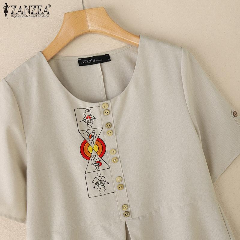 ZANZEA Women Casual Round Neck Summer Short Sleeve Print Blouse