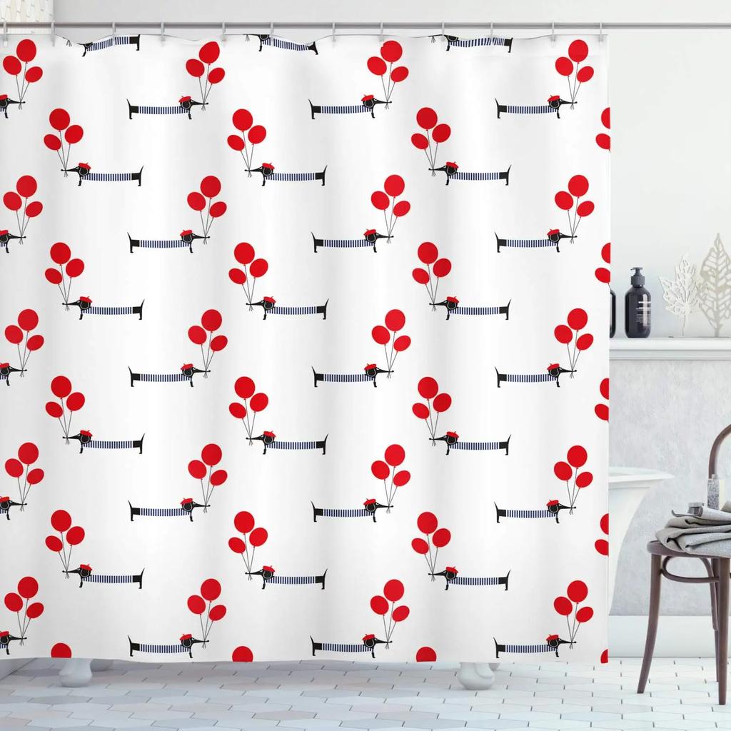 Dachshund Cartoon Dog Shower Curtain Polyester Waterproof Curtain Geometric Striped Kids Bath Curtain Home Decor with 12 Hooks