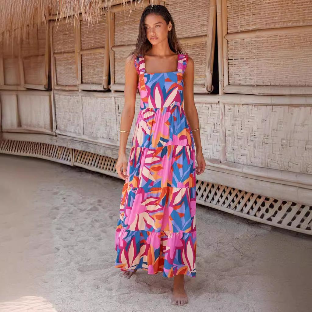Women's Bohemian Dress Suspender Elegant Long Printed Dress Women