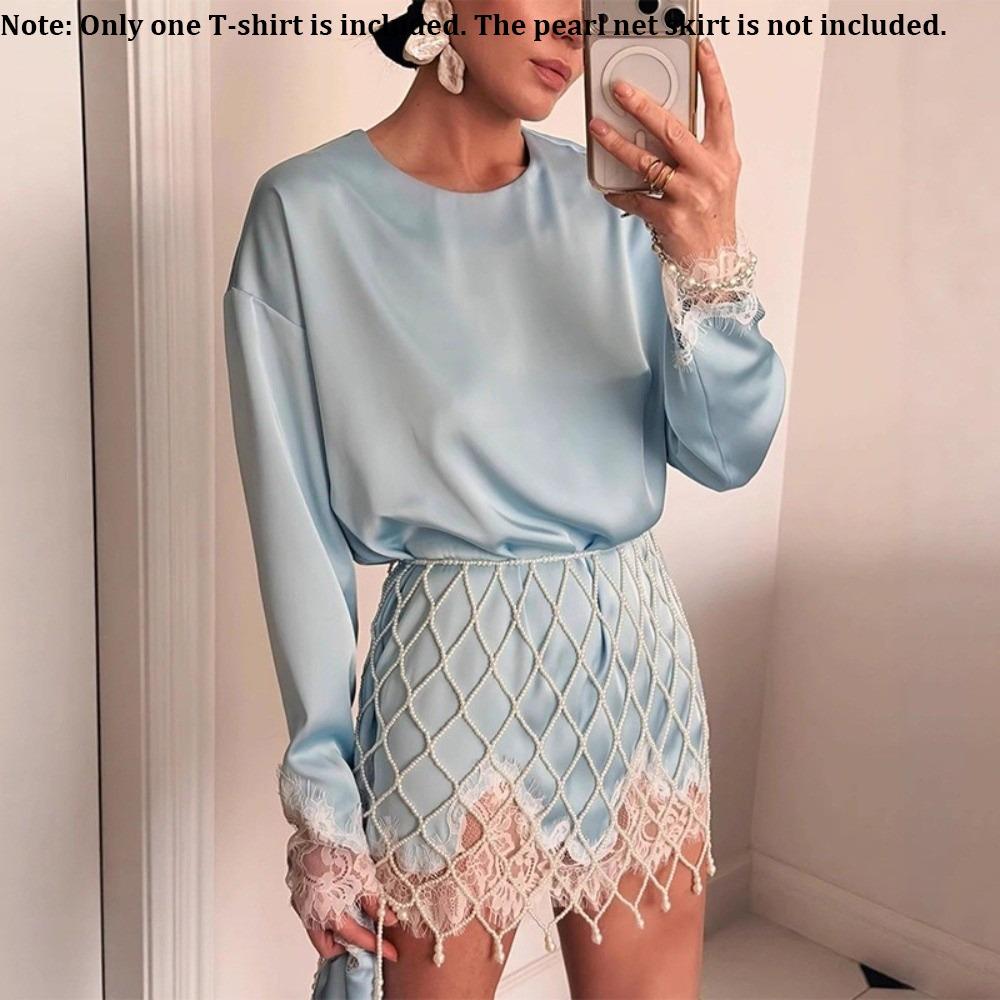 Lace Trim Long Sleeve T-shirt O-Neck Tunic Tops Fashion Beach Robe  Summer Wear