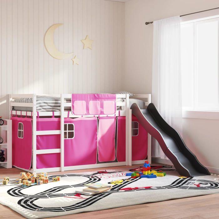 VidaXL Lit superposé avec toboggan et rideaux rose 90x200 cm, lit, cadre de lit, lit superposé bas, meuble de chambre à 3284112