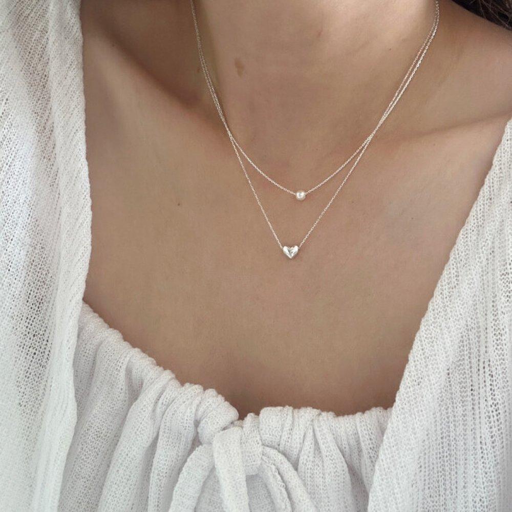 Berryoung / Silver 925 Pearl Heart Double-Line Layered Necklace