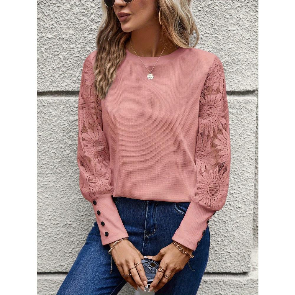 2024 Autumn Top European and American Solid Color Long Sleeve Embroidered Lace Splicing Waffle Round Neck Top Fashionabl Versatile