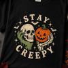 Stay Creepy Skull Pumpkin T Shirt, Halloween Spooky Vintage Graphic Tshirt, Skeleton Hand Jack O Lantern Tee, Retro Garment Dyed Top
