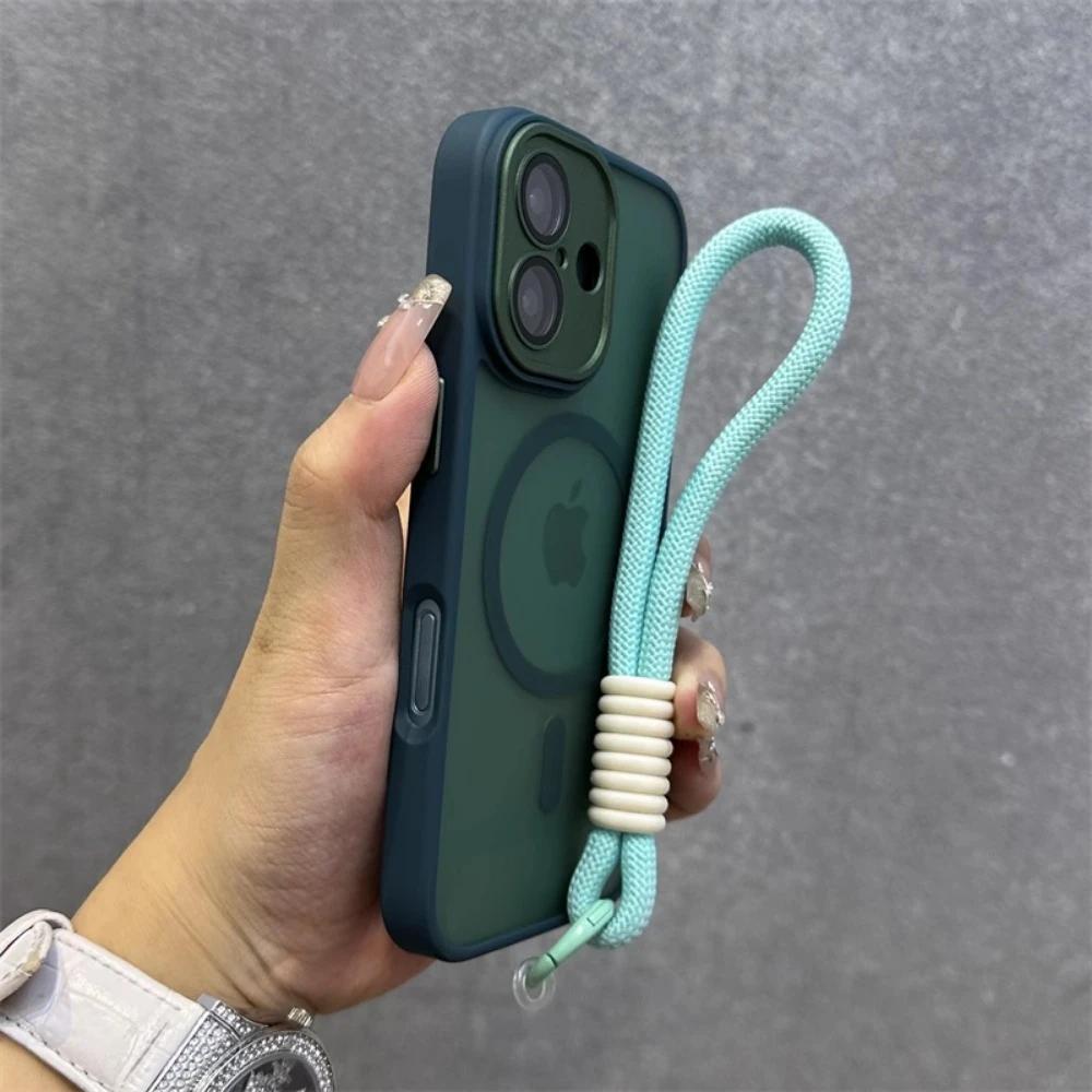 

Для Magsafe Полупрозрачный Контрастный Чехол со Шнурком для iPhone 17 Pro 16 15 Pro Max 14 11 12 13 Ремешок на Руку Матовый Прозрачный Чехол For iphone 11Pro зелёный