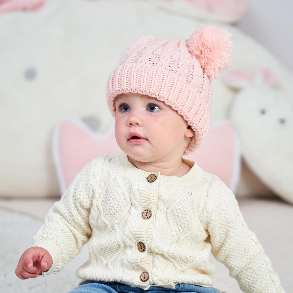 New Solid Color Cable Knit Double Pom Pom Hat for Kids - Warm Autumn/Winter Pullover for Babies & Toddlers