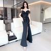 Premium Sense One-word Shoulder Sexy Dress Women's Off-the-shoulder Beaded Mesh Suspender Skirt Side Ruffle Leaf High Split Skirt