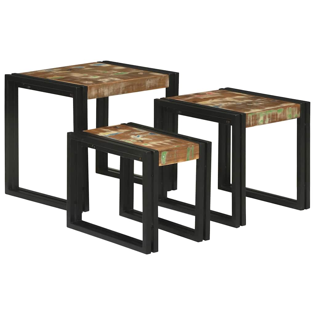 Nesting Table Set 3 Pcs Solid Recycled Wood and Metal