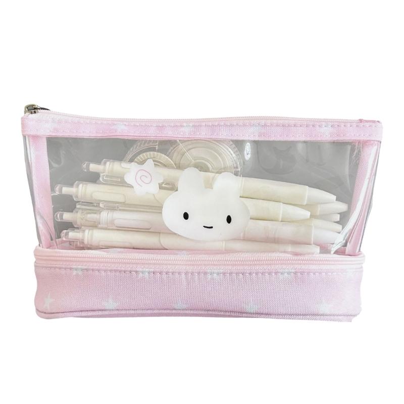 High Capacity Pencil Case 2 Compartment Pencil Pouches Clear Pencil Bag Portable Pencil Organiser Bag Travel Makeup Bag