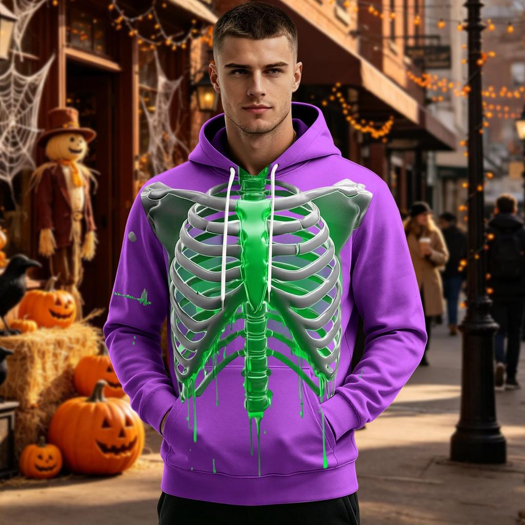 Men's Halloween Funny Skeleton Print Long Sleeve -Lined Pullover Hoodie with Pocket