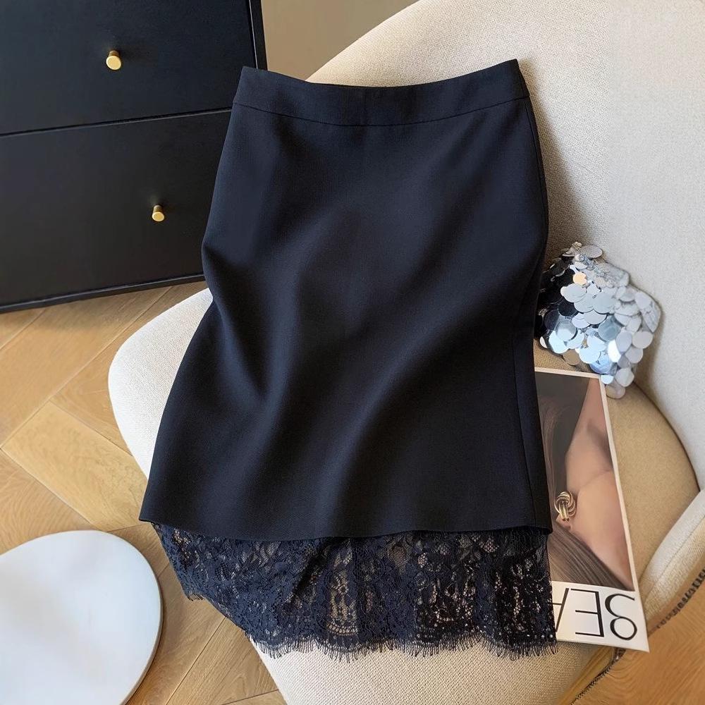 Women's Lace Spliced Midi Skirt - Light Luxury, Versatile, Autumn/Winter 2025 New Arrival, White-Collar Bodycon Style