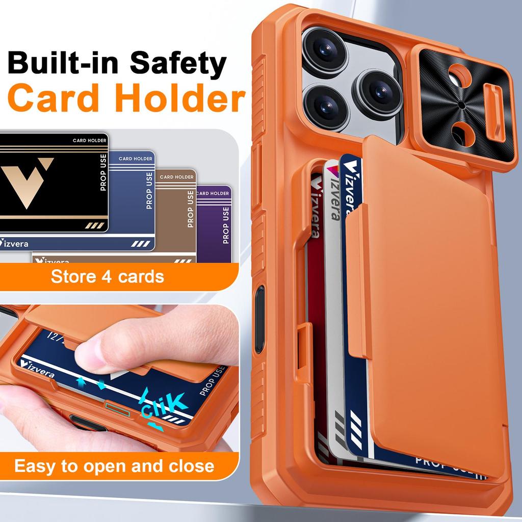 Mit Kartenhalter, Schiebefach für die Kamera und Ständer für iPhone 17 Pro Handyhülle, Anti-Fall PC+TPU Wallet Case - Orange