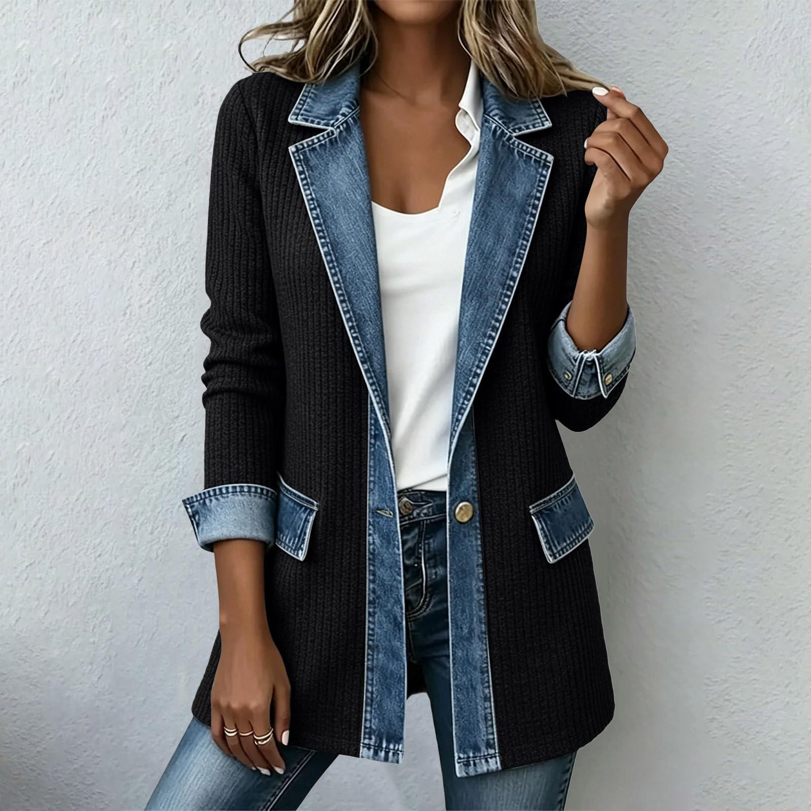 Lässige Damen-Strickjacke im Denim-Patchwork-Look mit Reverskragen für den Alltag S schwarz