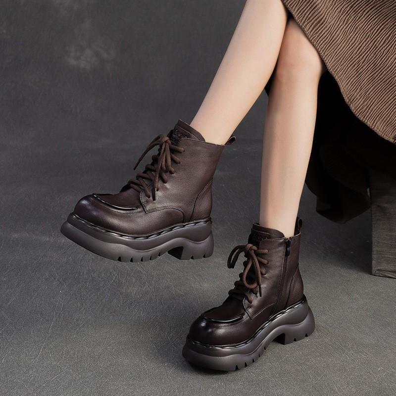 Johnature Genuine Leather Thick Soled Ankle Boots Retro Round Toe Side Zipper Women's Short Boots