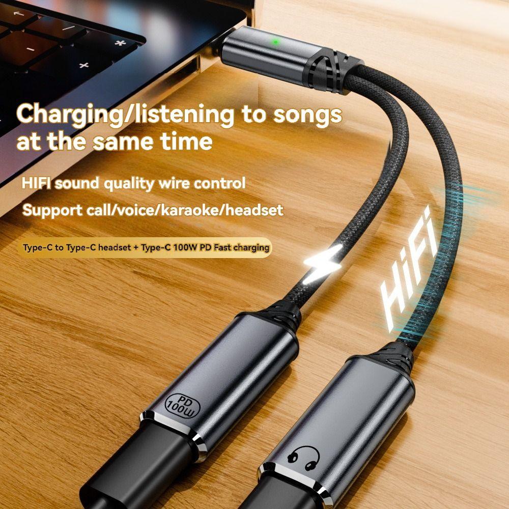 2 in 1 Dual Type-C Earphone Adapter PD 100W HiFi Music Heaphone Converter Data Transfer Wire Control Cable Mobile Phone