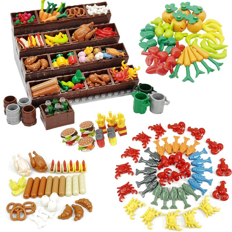 MOC Bausteine Kompatibel mit Lebensmittelmarkt Ausstellungsständer City Bausteine Brot Chips Brathähnchen Meeresfrüchte Obstkorb Spielzeug