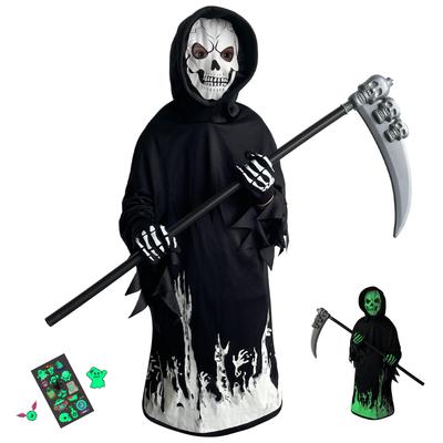 GOKEI Zestaw Cosplay Żniwiarza 3-częściowy z Efektami Fluorescencyjnymi na Halloween, Kostium Dziecięcy (Szata, Maska, Kosa i Rękawice). Zawiera maskę szkieletu,