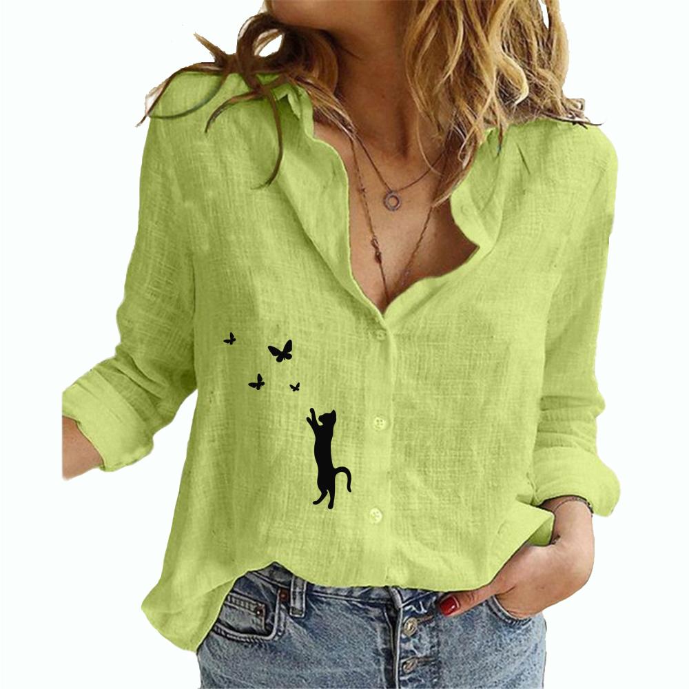 Dammode Kattryck Skjorta Kvinnlig Casual Bomull Linne Långärmad Topp Plus Size Lös Knapp Blusar