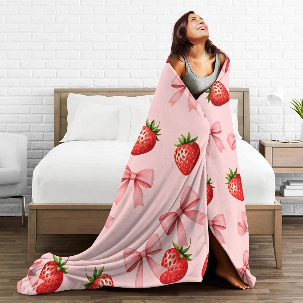 Pink Strawberry Print Flannel Blanket  Warm Soft Throw Blanket for Bedroom Camping Street Trend Bedspread Sofa Bed Cover