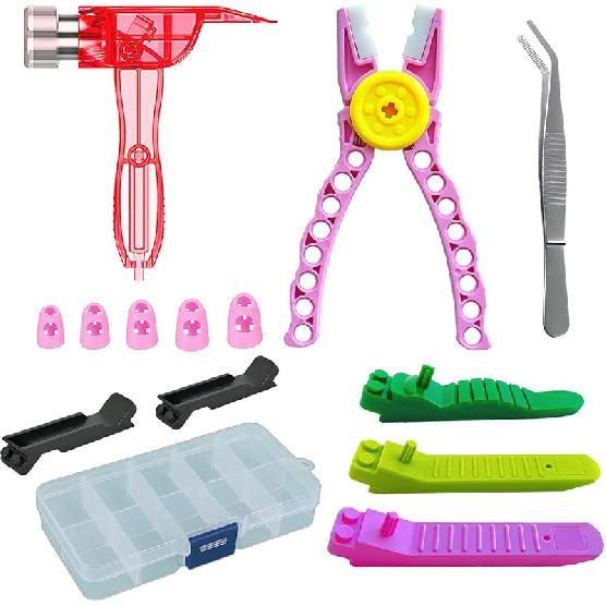Набор инструментов для строительных блоков - Разделитель кубиков, Мини-набор инструментов для блоков, Многофункциональный молоток, Плоскогубцы, Пинцет, Защитные накладки на пальцы в жестяной коробке (синий) розовый