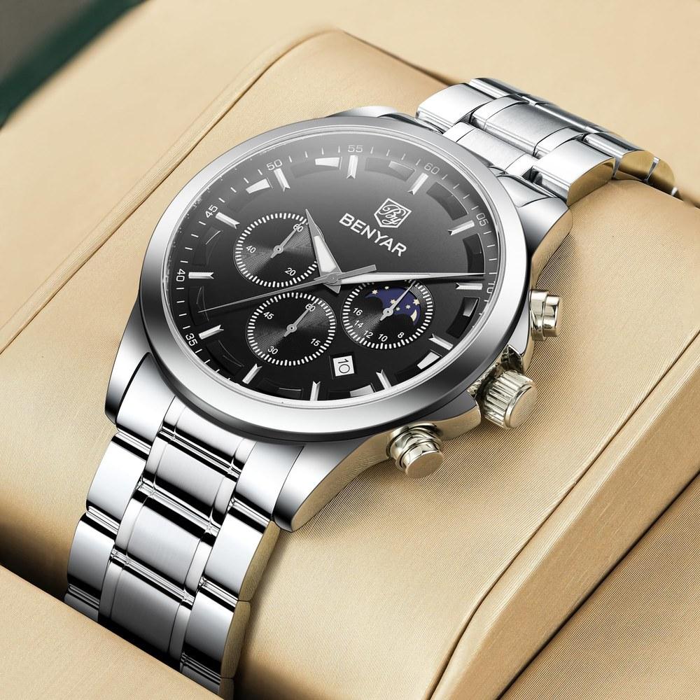 BENYAR Men's Watch Multi-Calendar Chronograph Business Formal Stainless Steel Band Analog Water-Resistant Scratch-Resistant