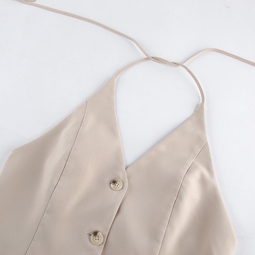 European and American khaki design women's clothing set, sleeveless waist hanging neck top, high waist hanging wide-leg pants two-piece set