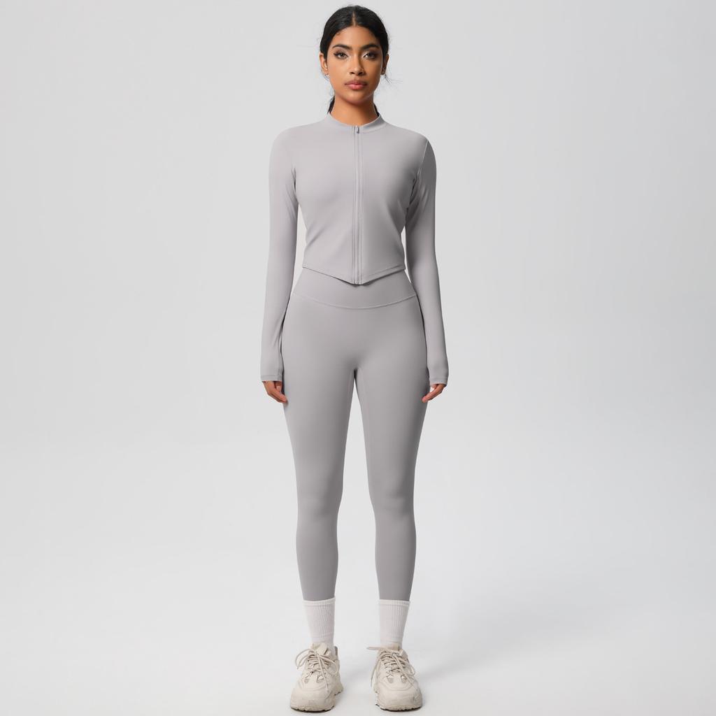 Quick Drying Nude Fitness Zipper Jacket Set, Tight Fitting High Waist And Hip Lifting Yoga Outdoor Running Sports Set, Two-Piece Set For Women