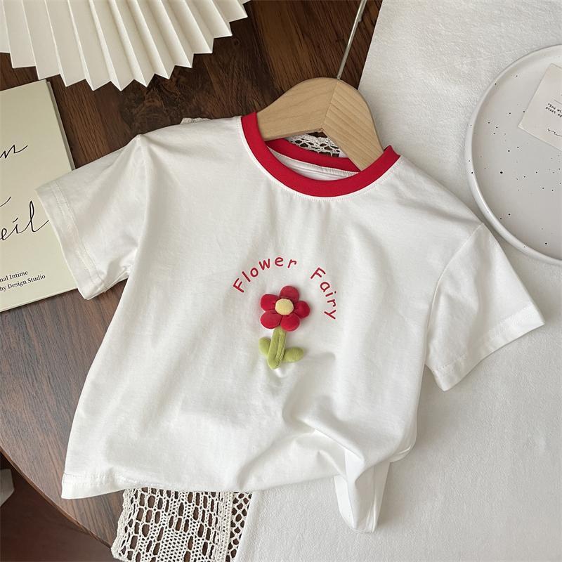 Girls Summer Short Sleeve T Shirt with 3D Floral Design Stylish and Versatile Top