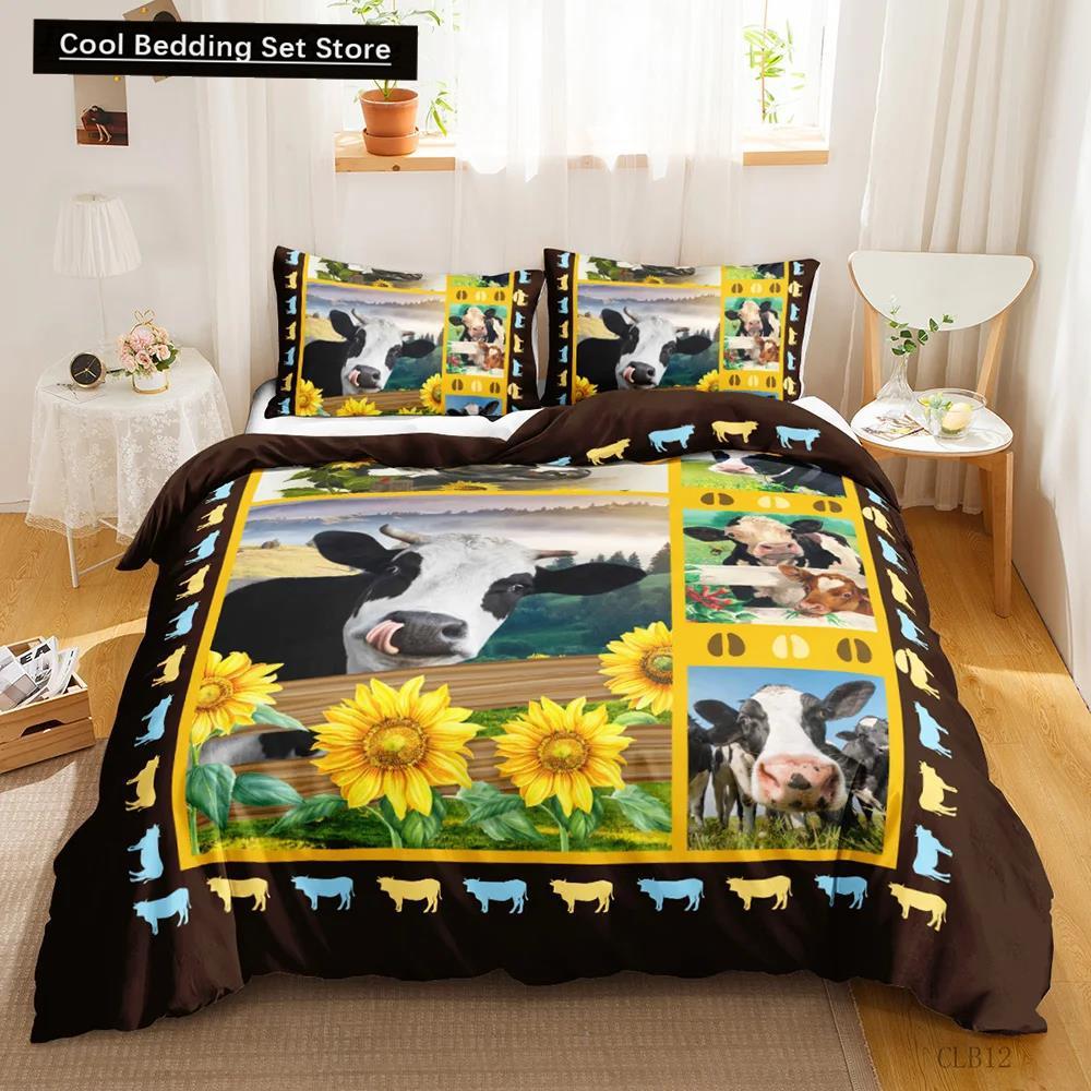 Cow Print Duvet Cover Animal Cow Doodle Cartoon Drawing Farming Husbandry Sunflower Polyester Bedding Set Twin Queen King Size