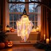 Lighted Spooky Ghost Decor Halloween Swing Hanging Decoration, Witch Hat Ornament with LED Battery Powered String Light, Remote Control Light-up