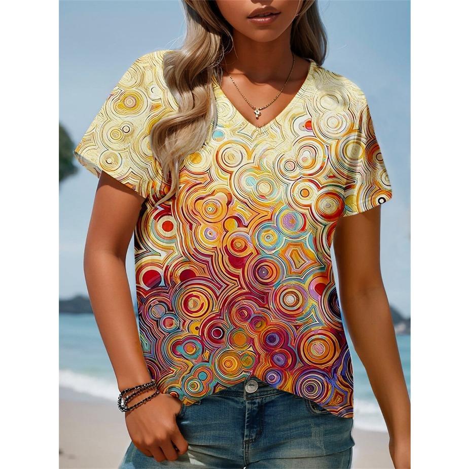 

Художественная футболка с V-образным вырезом и короткими рукавами для женского лета, свободная, оверсайз, с принтом, женский топ S