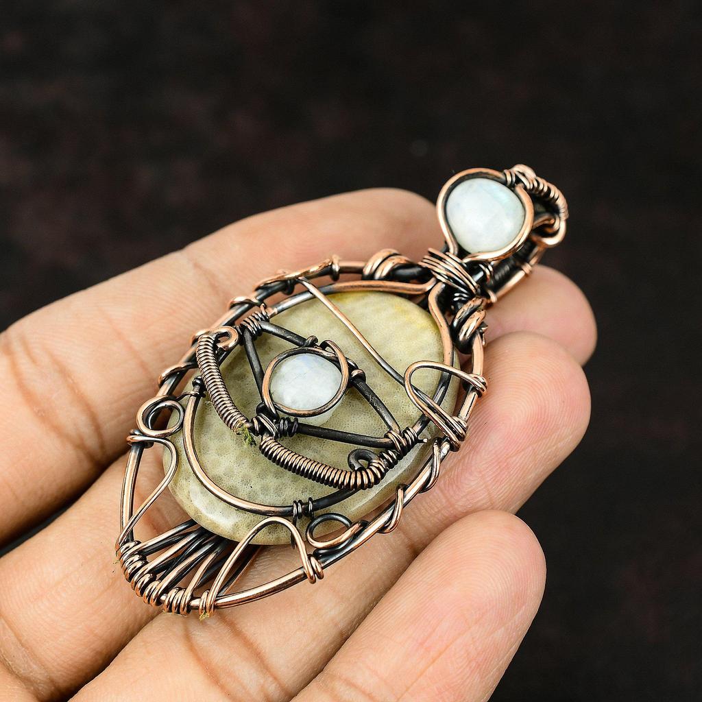 Evil Eye Fossil Coral Gemstone Copper Wrapped Pendant Rainbow Moonstone Handmade Pendant Evil Eye Jewelry Wire Wrapped Jewelry Gift For Her