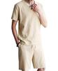 Drei Joy Herren-Pyjama-Set, Loungewear, T-Shirt, Kurzarm, Shorts und Hose, 100 % Baumwolle, Beige, Größe L